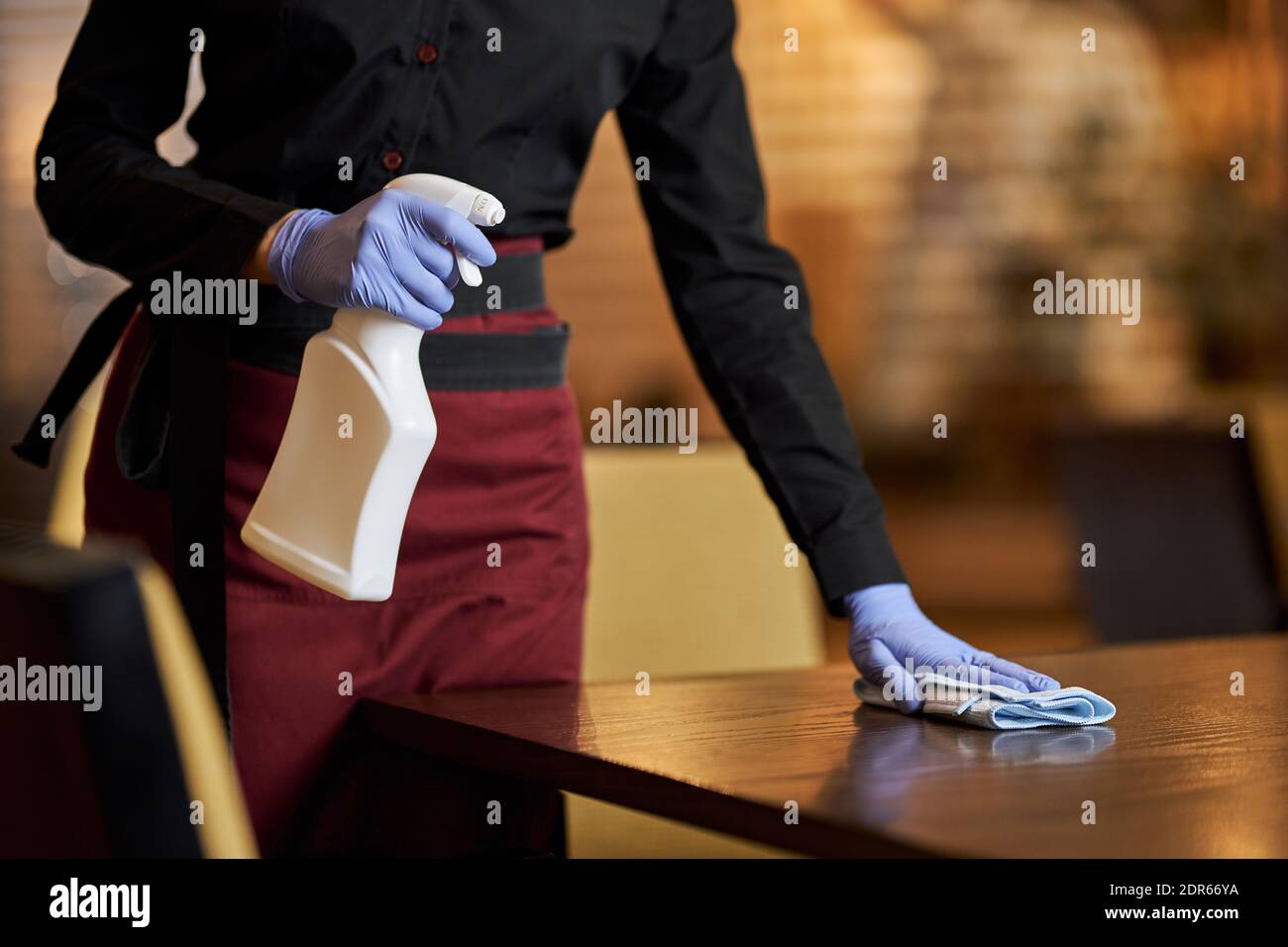 Cropped photo of restaurant employee wearing disposable gloves and holding spray bottle while