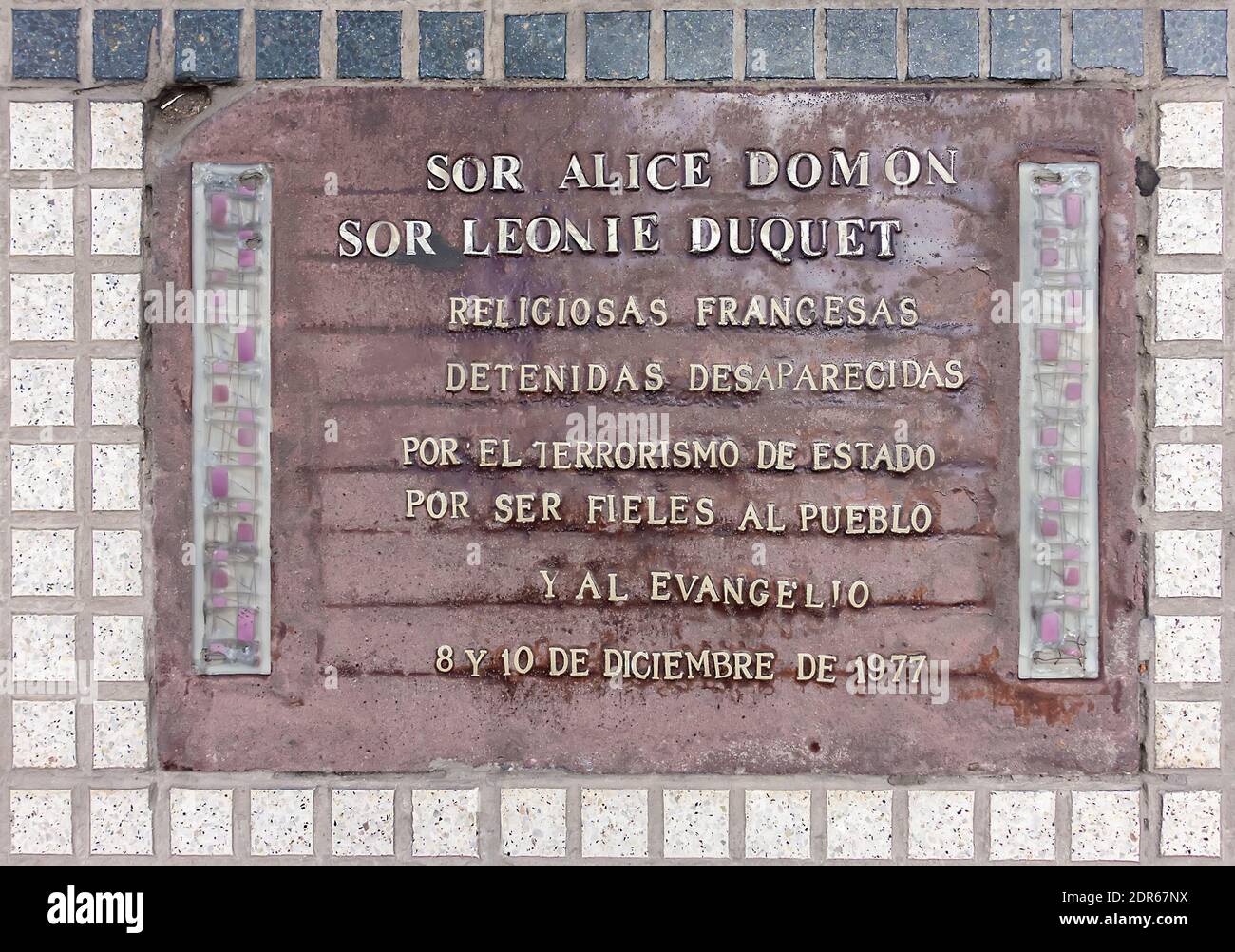 Plaque Buenos Aires, Argentina in homage to Sisters Alice Bomon and Leonie Duquet French nuns kidnapped and disappeared by Argentine State terrorism Stock Photo