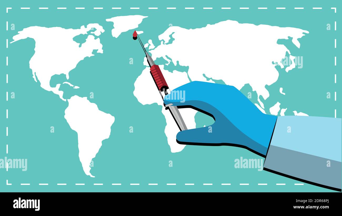 Doctor hand holding vaccine for coronavirus pandemic with earth map background vector illustration Stock Vector