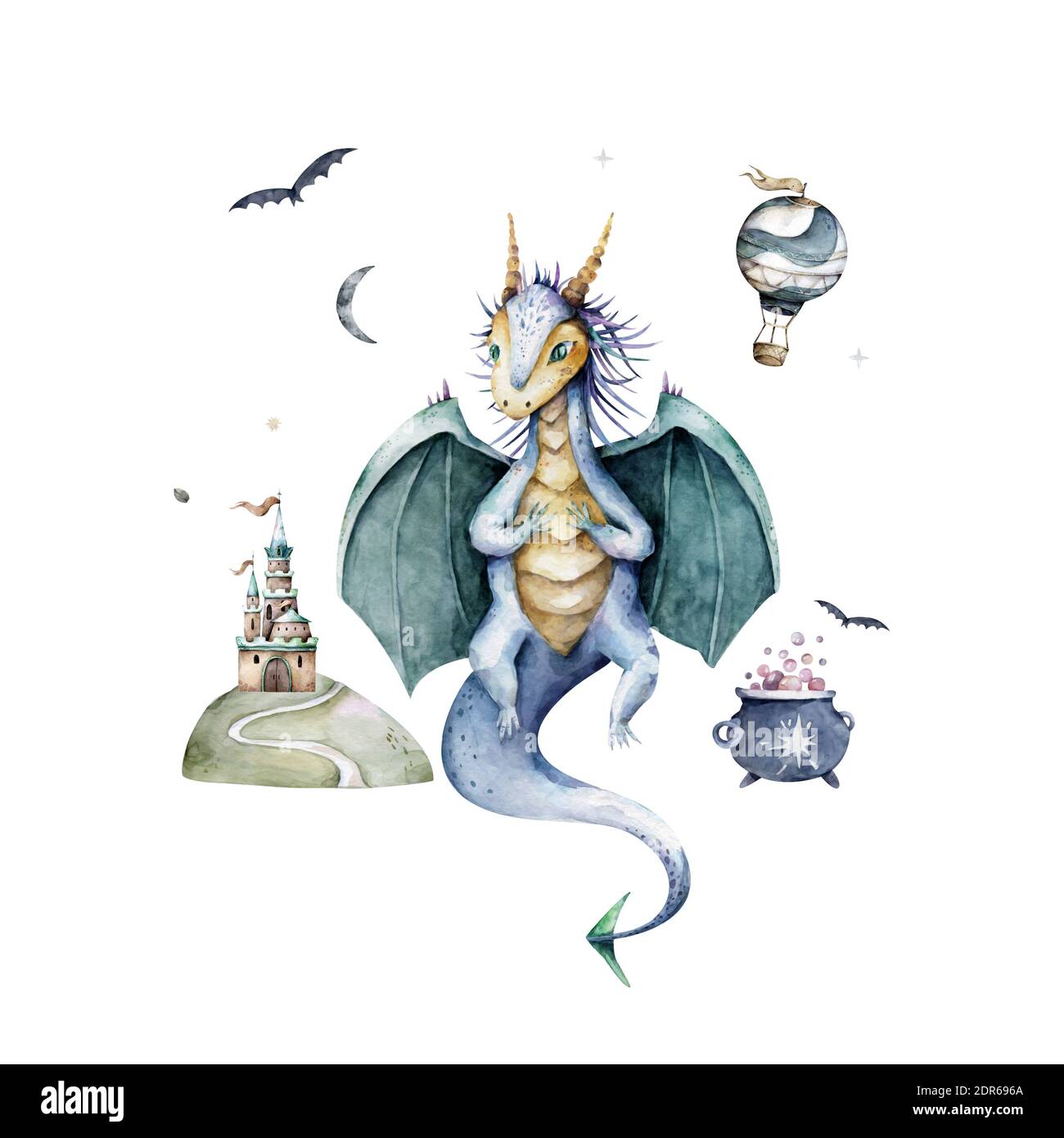 Magic fairy green dragon elements and characters. Hand drawn watercolor ...