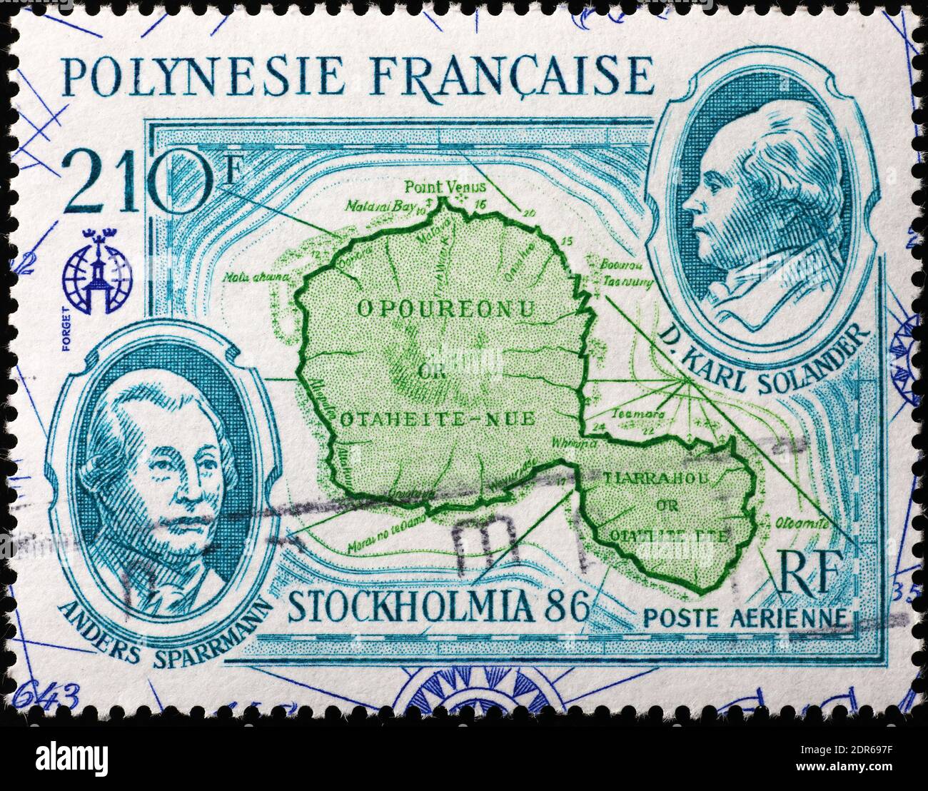 Ancient map of Tahiti on polynesian postage stamp Stock Photo