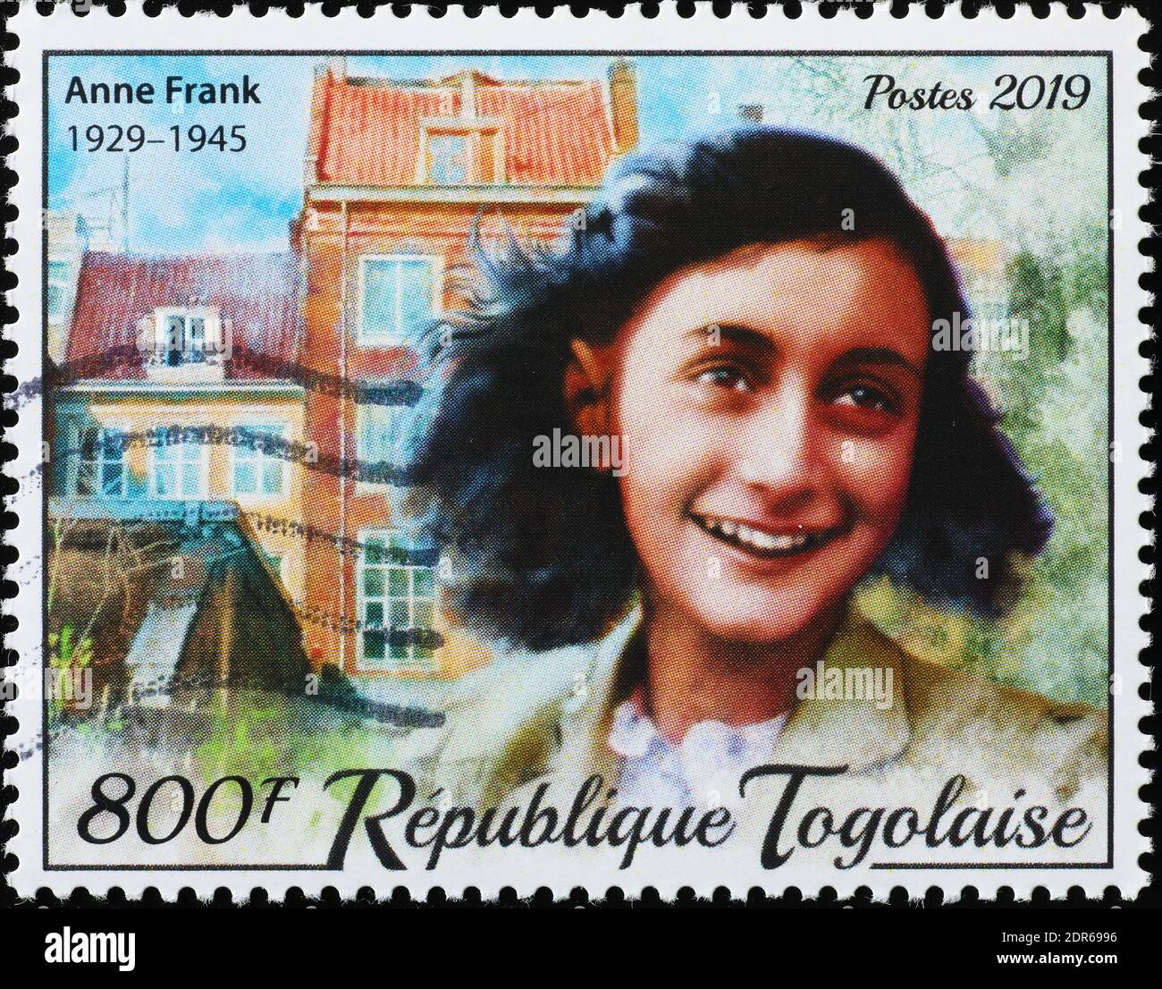 Anna Frank and her house on postage stamp Stock Photo