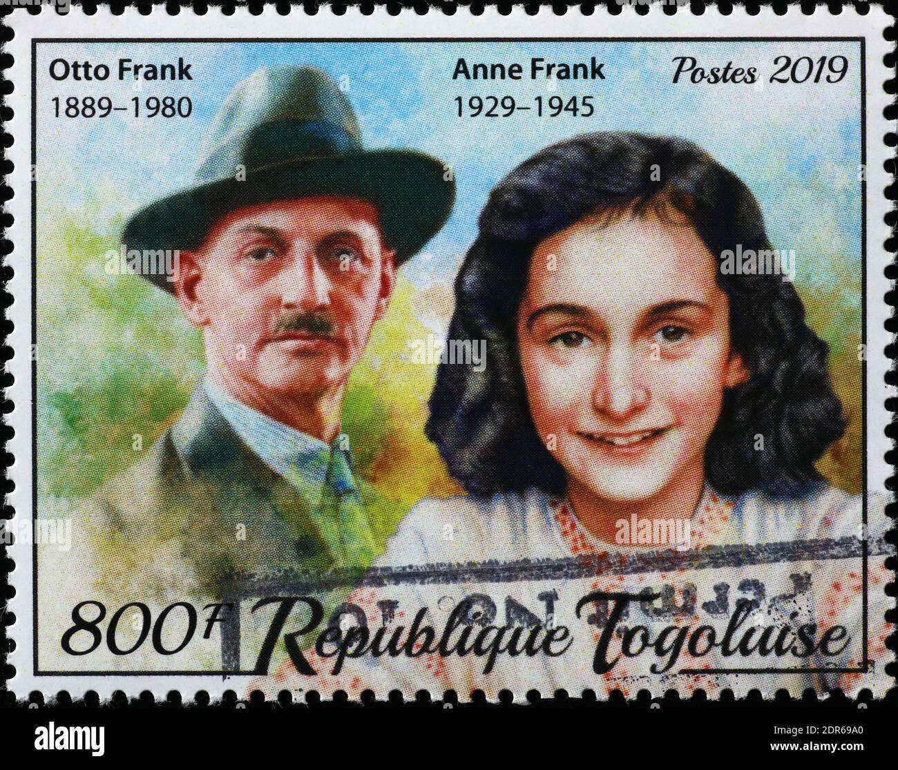Anne Frank and his father Otto on postage stamp Stock Photo