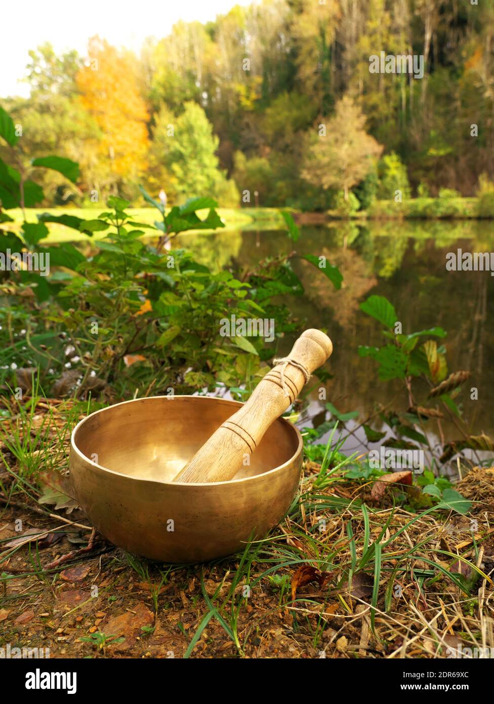 Singing bowl set in nature with a lake in the background Stock Photo