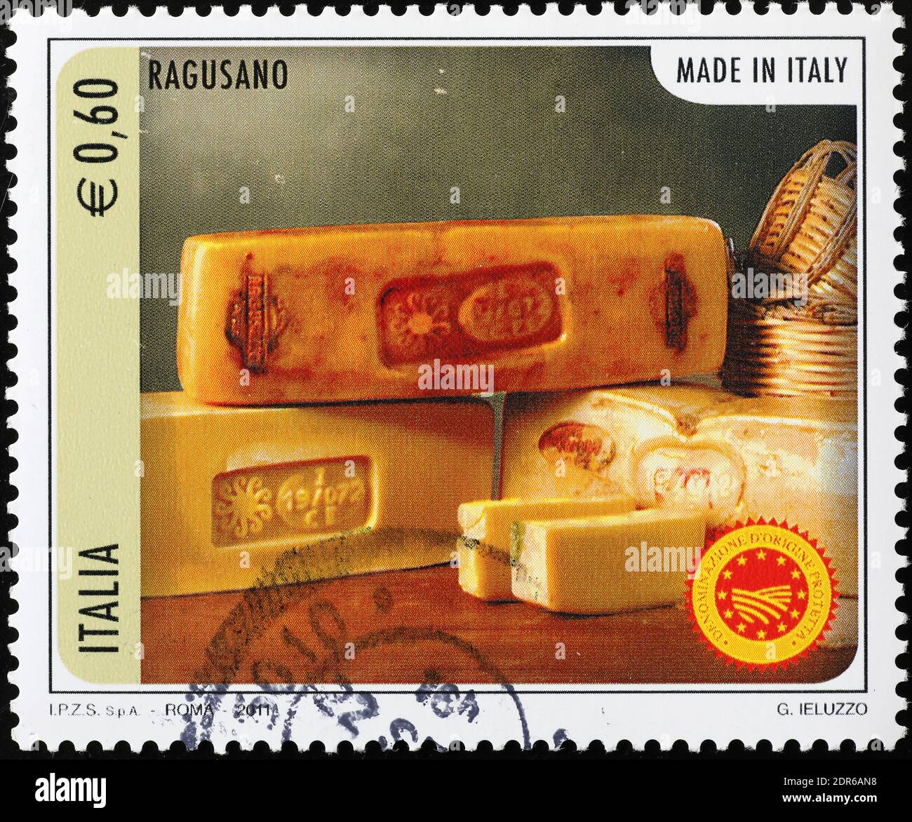 Italian cheese Ragusano on postage stamp Stock Photo