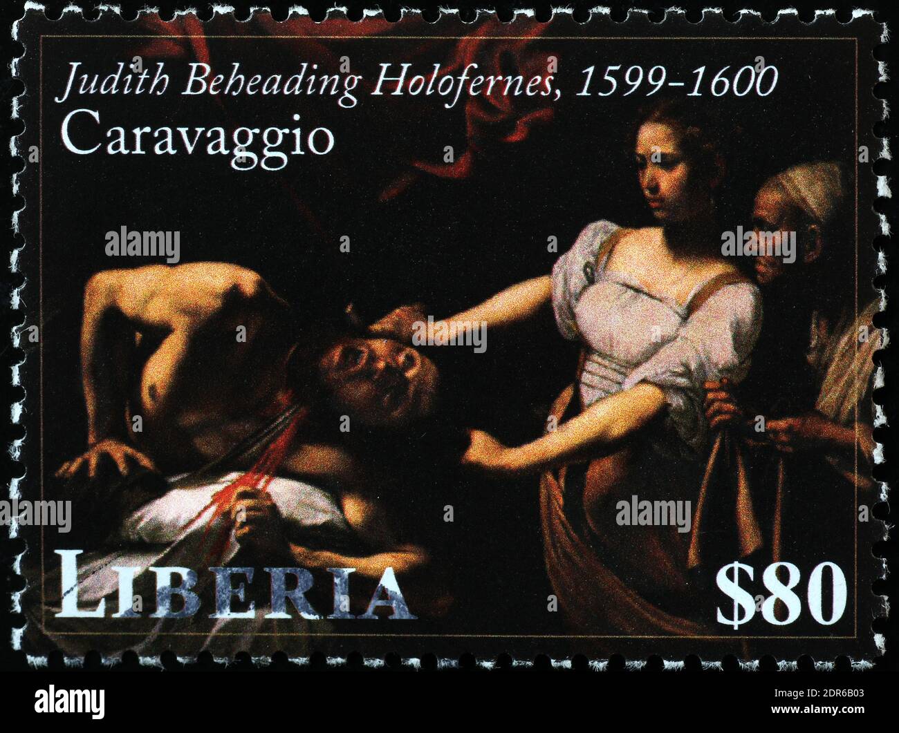 Judith beheading Holofernes by Caravaggio on postage stamp Stock Photo