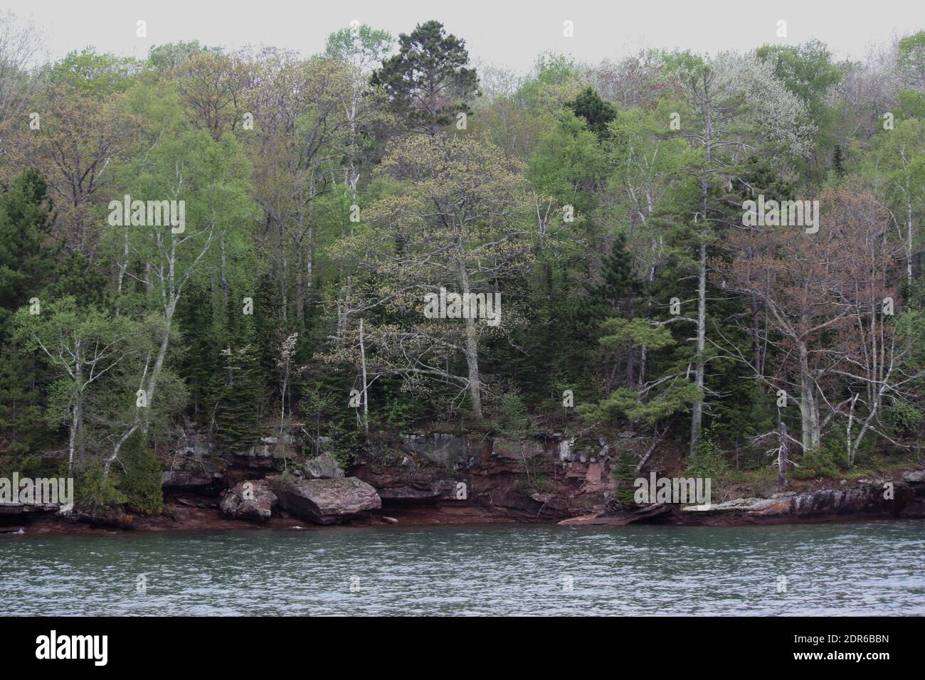 The rocky shoreline of Lake Superior lined with a variety of trees