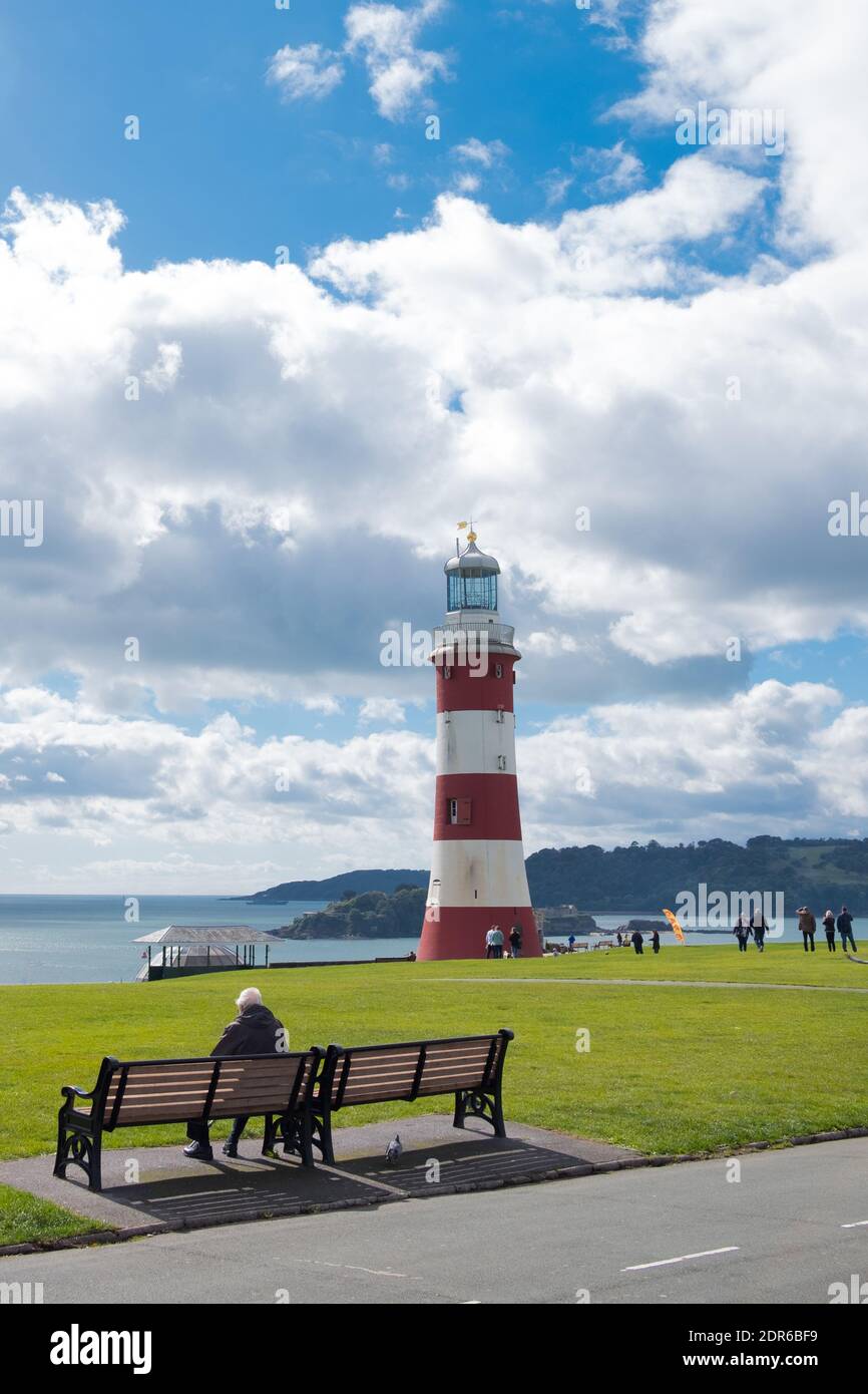 Smeatons Tower Lighthouse on the seafront at Plymouth Hoe on the south coast of Devon, England Stock Photo