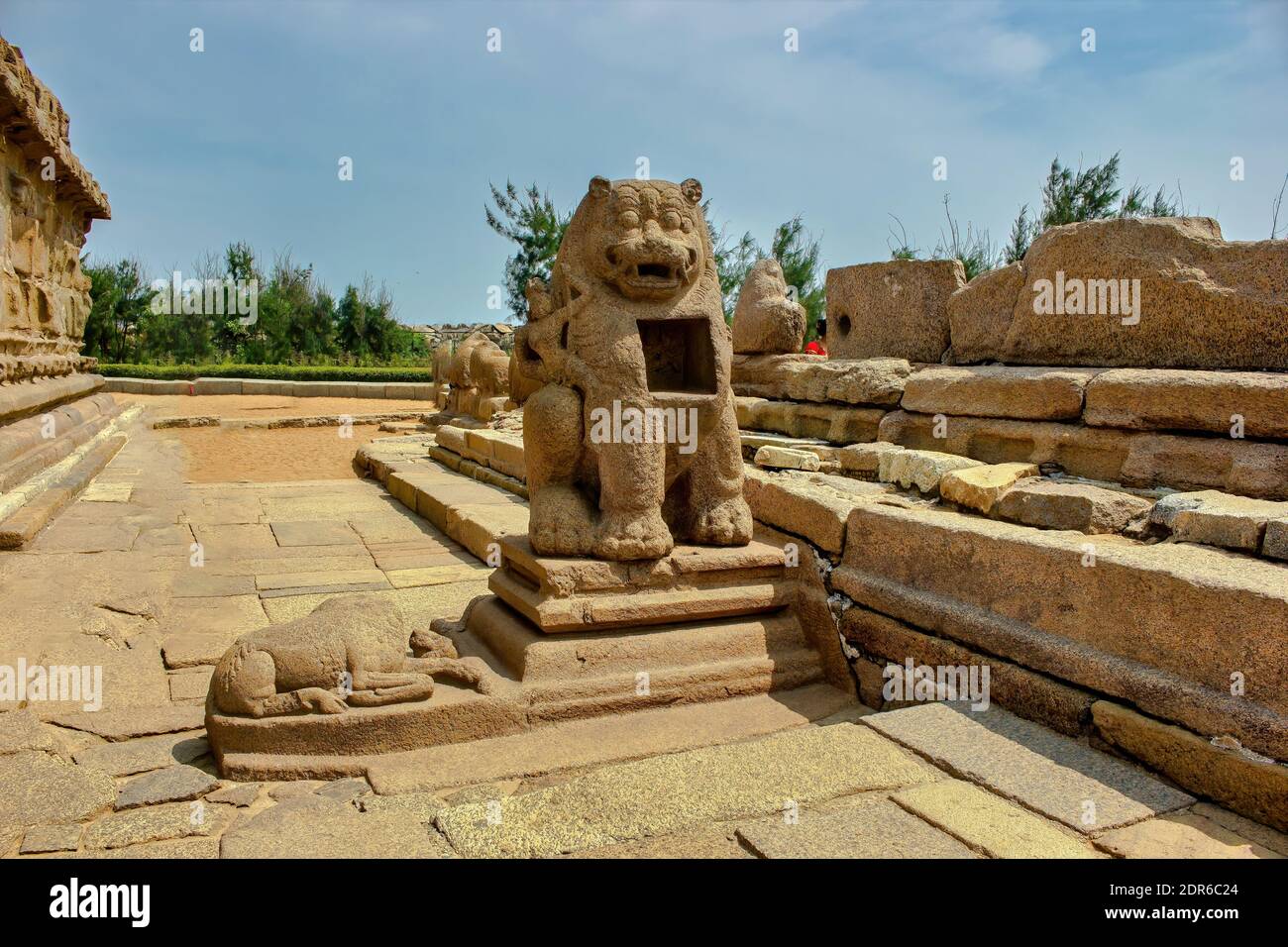 Chennai, South India - October 28, 2018: Lion monolith stone sculpture built inside Mahabalipuram in the state of Tamil nadu Stock Photo