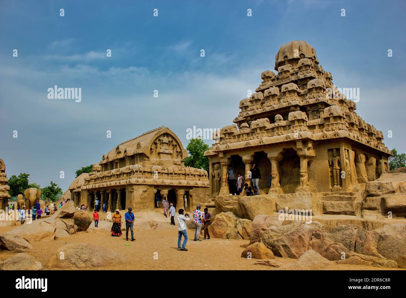 Chennai, South India - October 28, 2018: Wide angle shot of Mamallapuram or Mahabalipuram shore temple which is a stone carved temple built during Pal Stock Photo