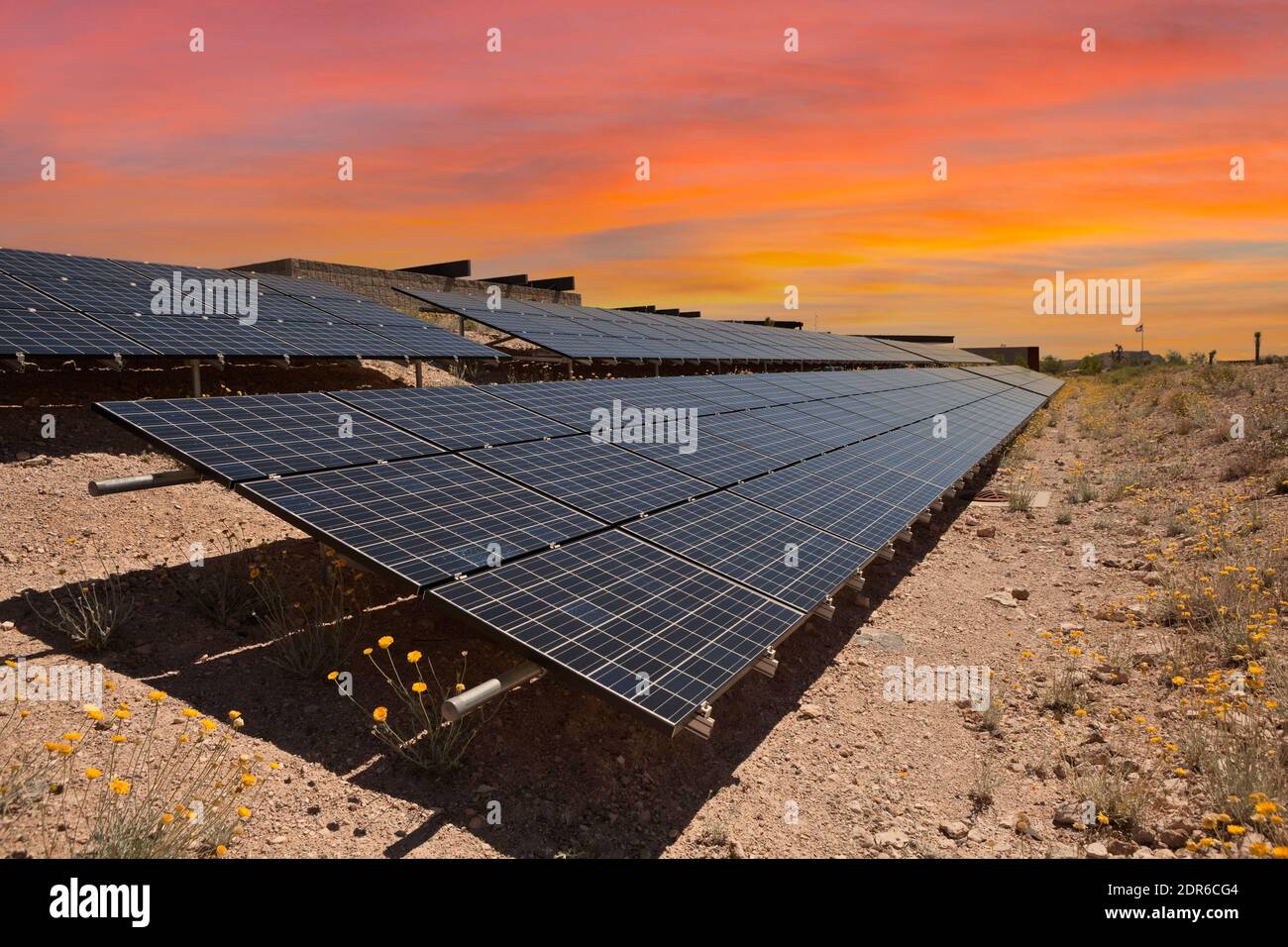 Photovoltaic solar panels with sunset sky at Red Rock Canyon National
