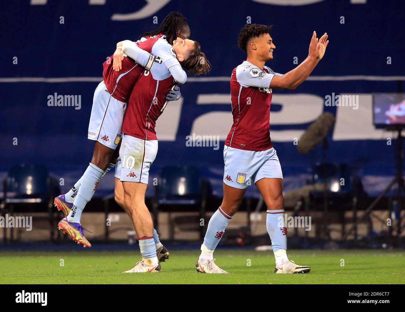 Aston Villas Bertrand Traore celebrates scoring his sides second goal of the game with Jack Grealish during the Premier League match at The Hawthorns, West Bromwich Stock Photo