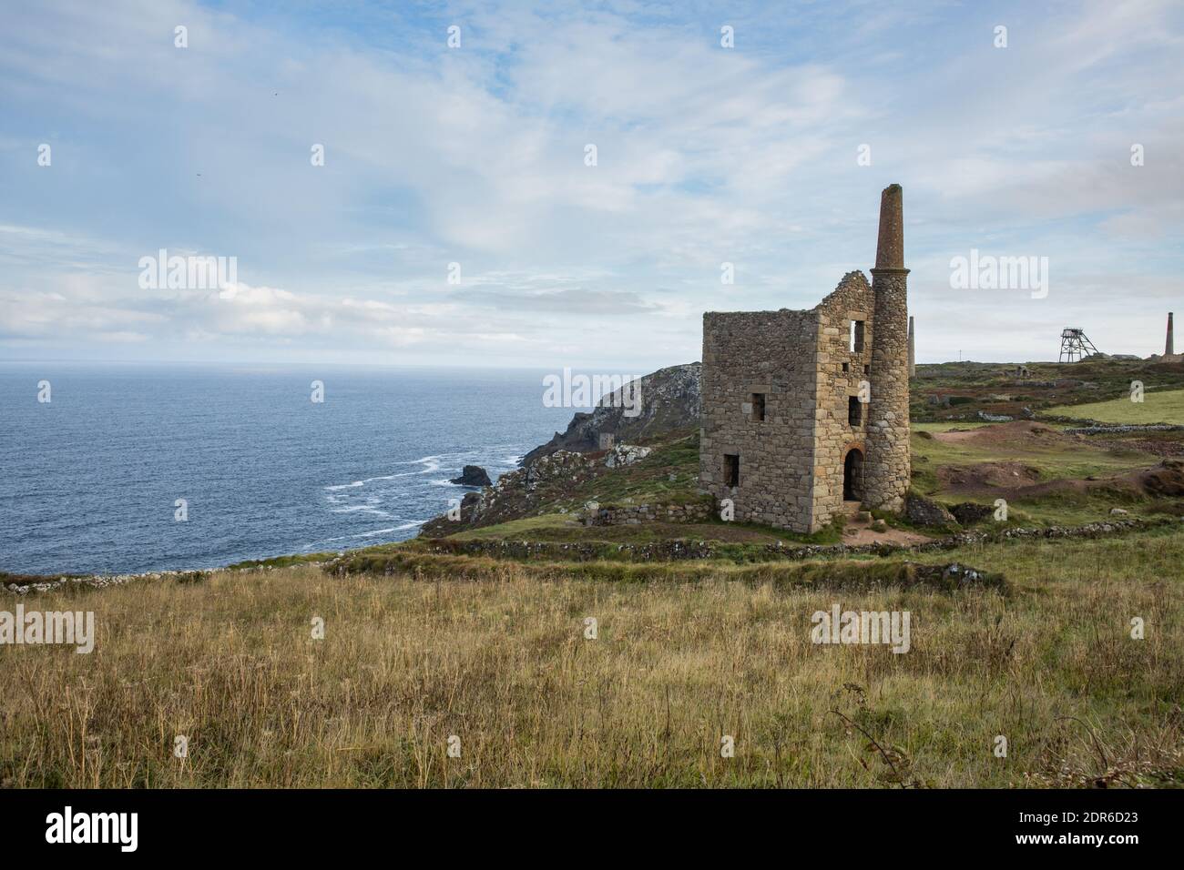 Botallack tin mine ruins in Cornwall seen from the South West Coast footpath with the Atlantic Ocean in the background Stock Photo