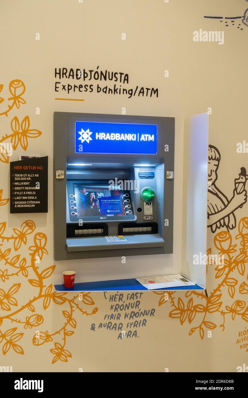 Icelandic Bank Hradbanki ATM Machine In A Shopping Mall In Iceland Stock Photo