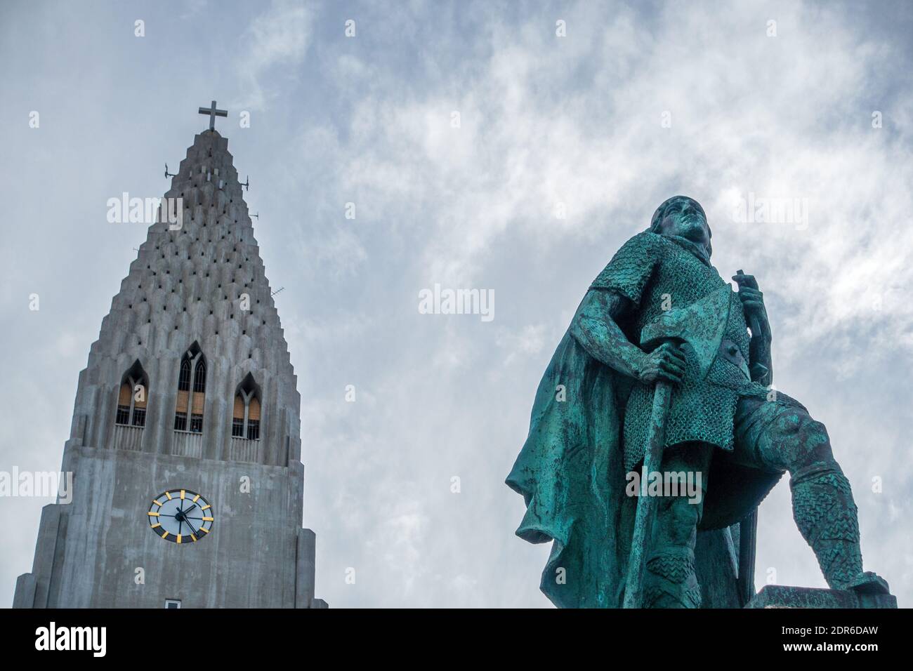 Statue Of Leif Erikson In Front Of The Lutheran Church of Hallgrimur In Reykjavik Iceland The Tallest Building In Iceland A Landmark In Reykjavik Stock Photo