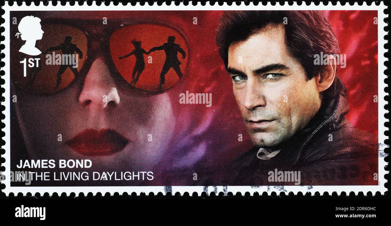 Timothy Dalton as James Bond on british postage stamp Stock Photo