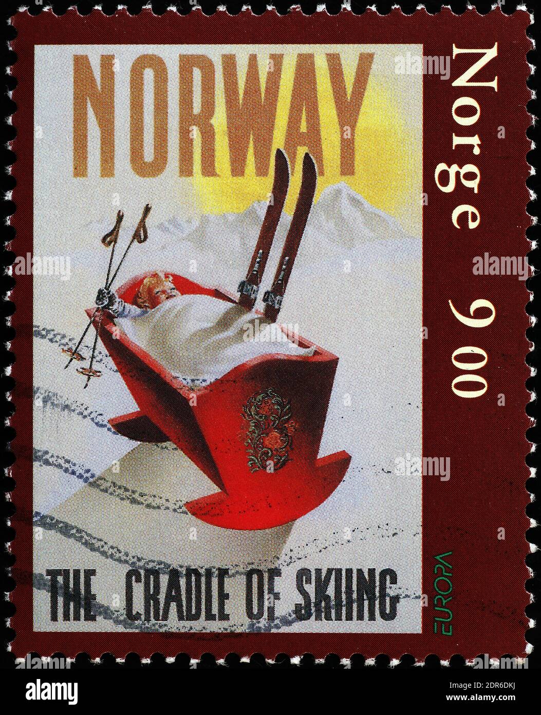 Vintage touristic poster from Norway on postage stamp Stock Photo