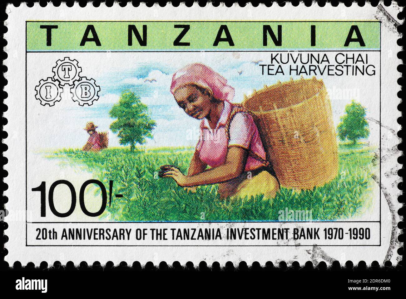 Women harvesting tea on tanzanian postage stamp Stock Photo