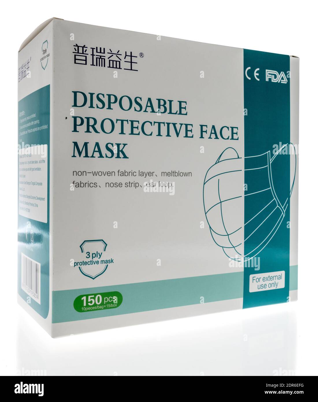 Winneconne, WI -17 December 2020: A package of FDA disposable protective face mask on an isolated background. Stock Photo