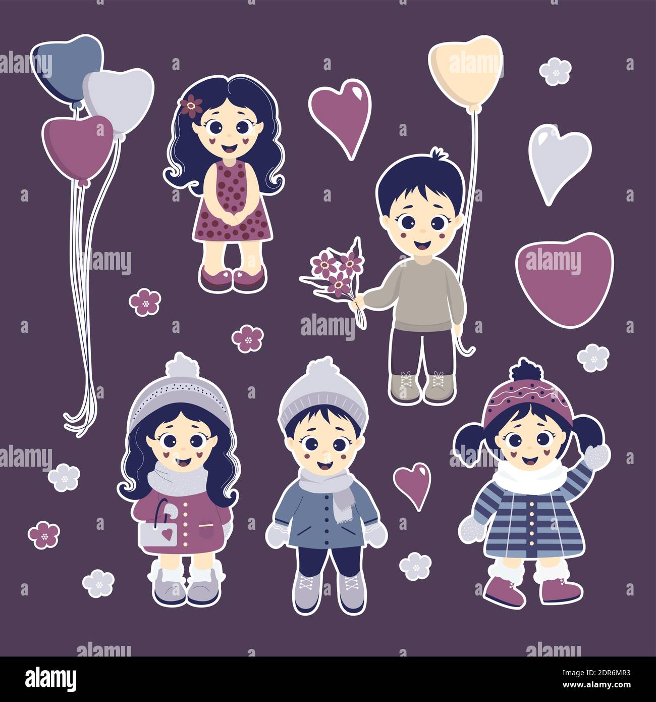 A set of stickers. Lovely children - boys and girls in winter and summer clothes. Items - balloons, flowers, hearts and daisies. Vector illustration Stock Vector