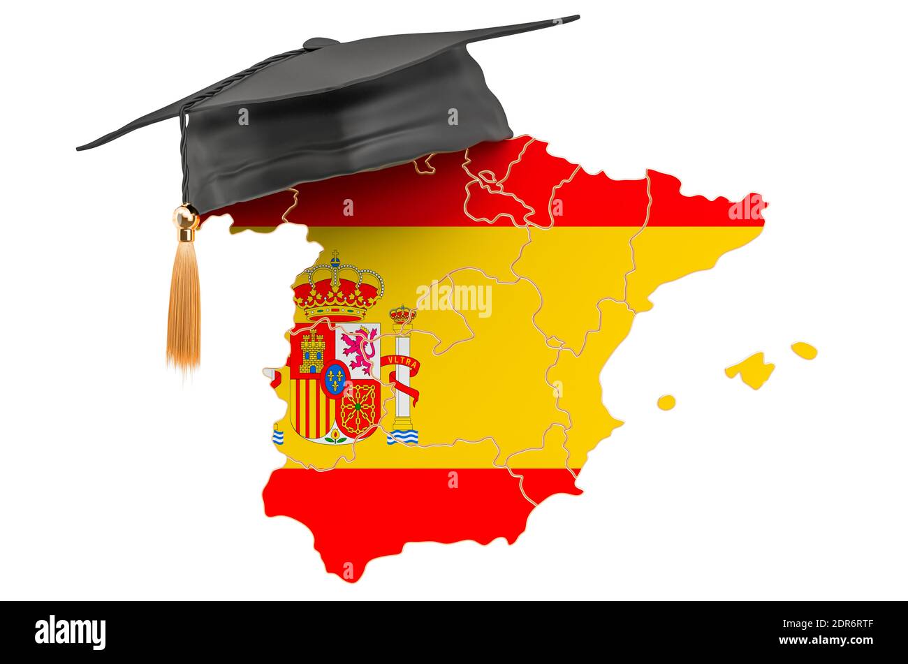Education in Spain concept. Spanish map with graduate cap, 3D rendering isolated on white background Stock Photo