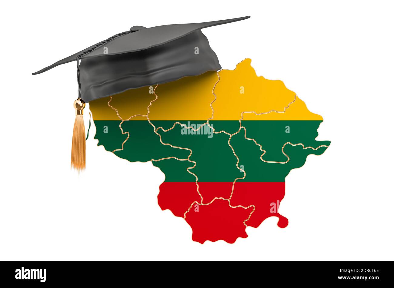 Education in Lithuania concept. Lithuanian map with graduate cap, 3D