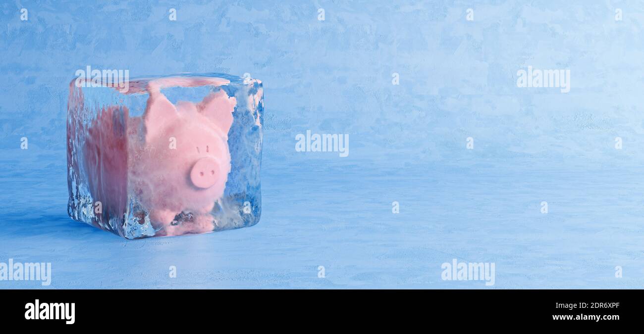 Pink piggy bank frozen in ice cube, frozen account concept, cold blue ice background, 3D Render, 3D Illustration Stock Photo