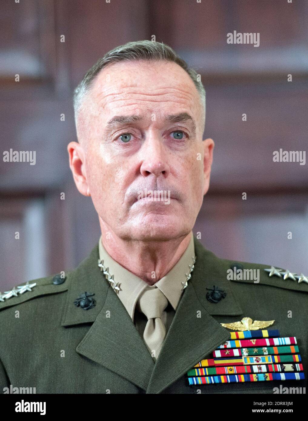 United States Marine Corps General Joseph F. Dunford, Chairman, Joint Chiefs of Staff, looks on as US President Barack Obama announces he will keep 5,500 US troops in Afghanistan when he leaves office in 2017 and explains his reasoning for that action in the Roosevelt Room of the White House in Washington, DC, USA, on Thursday, October 15, 2015. Photo by Ron Sachs/Pool/ABACAPRESS.COM Stock Photo