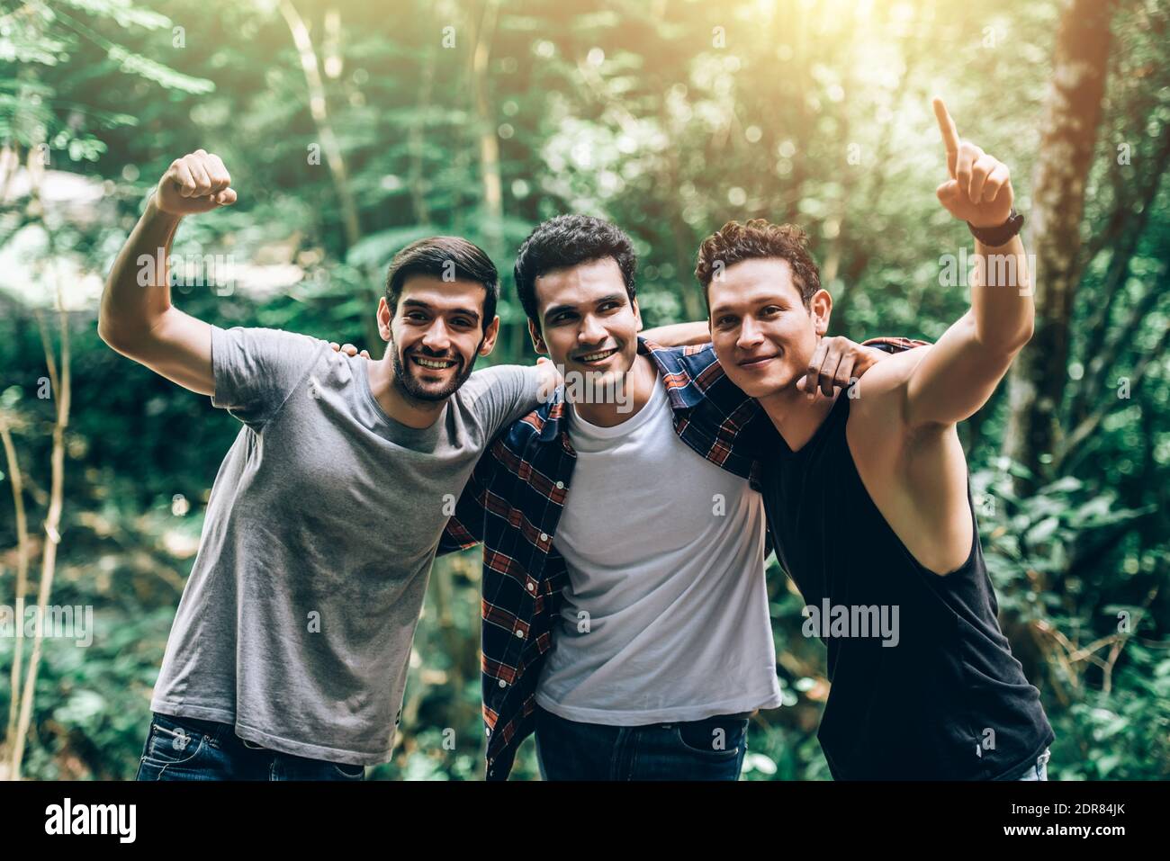 Group Of Young Man Raise Hand Up Meaning To Successful And Finished Adventure In Hiking Camping Trip Outdoors In The Forest Travel In Summer Holiday Concept Stock Photo Alamy