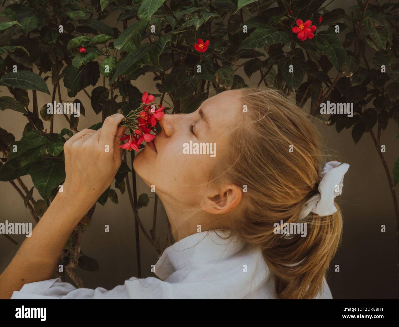 Portrait Of Girl Smelling Red Flowers Stock Photo - Alamy