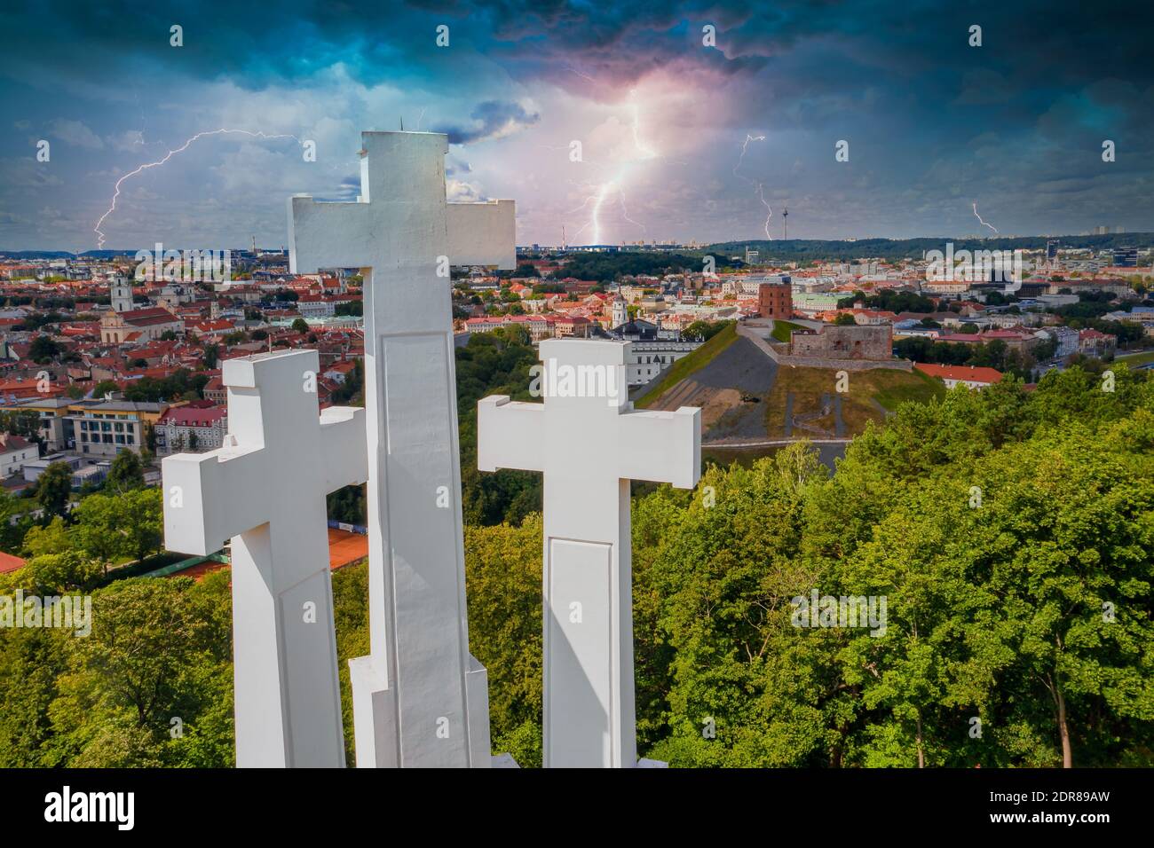 Aerial view of the Three Crosses monument overlooking the old town in Vilnius Stock Photo