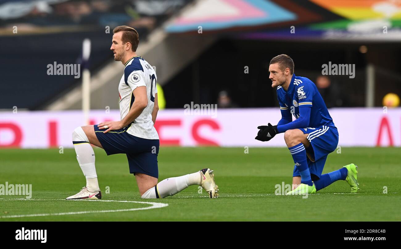 Tottenham Hotspur Stadium, London, 20th Dec 2020. Harry Kane and Jamie Vardy take a knee before the match