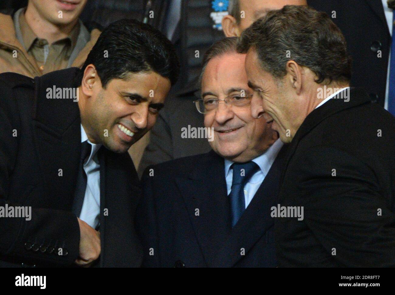 Nasser Al Khelaifi, Real Madrid's President Florentino Perez and Nicolas Sarkozy during the UEFA Champions League soccer match, Group A, Paris Saint-Germain (PSG) Vs Real Madrid CF at Parc des Princes stadium in Paris, France on October 21, 2015. Photo by Christian Liewig/ABACAPRESS.COM Stock Photo