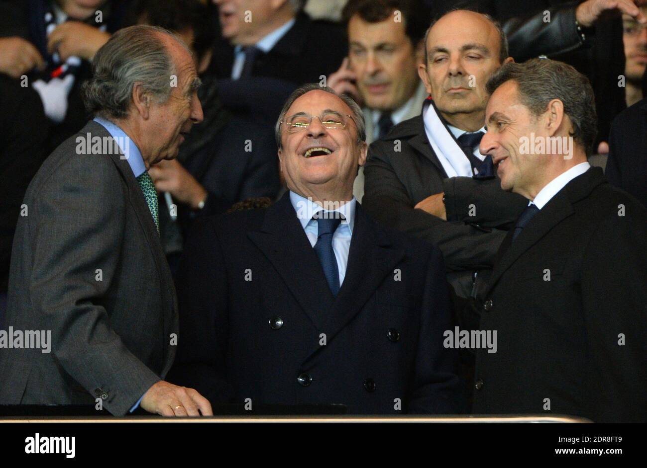 Real Madrid's President Florentino Perez and Nicolas Sarkozy during the UEFA Champions League soccer match, Group A, Paris Saint-Germain (PSG) Vs Real Madrid CF at Parc des Princes stadium in Paris, France on October 21, 2015. Photo by Christian Liewig/ABACAPRESS.COM Stock Photo