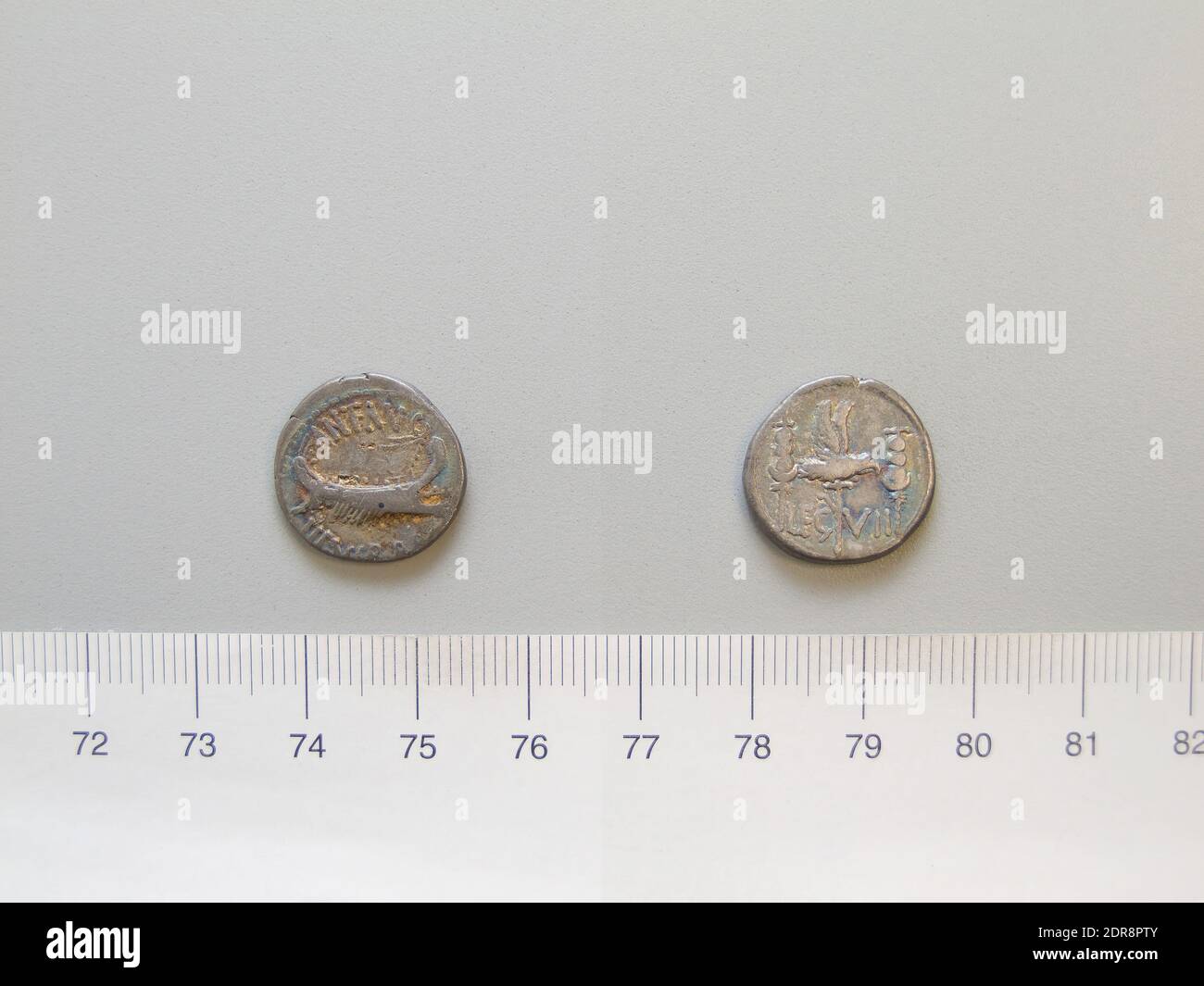 Mint: Moving mint, Magistrate: M. Antonius, 83–30 B.C., Denarius from Moving mint, 32–31 B.C., Silver, 3.66 g, 12:00, 17.6 mm, Made in Moving mint, Roman, 1st century B.C., Numismatics Stock Photo