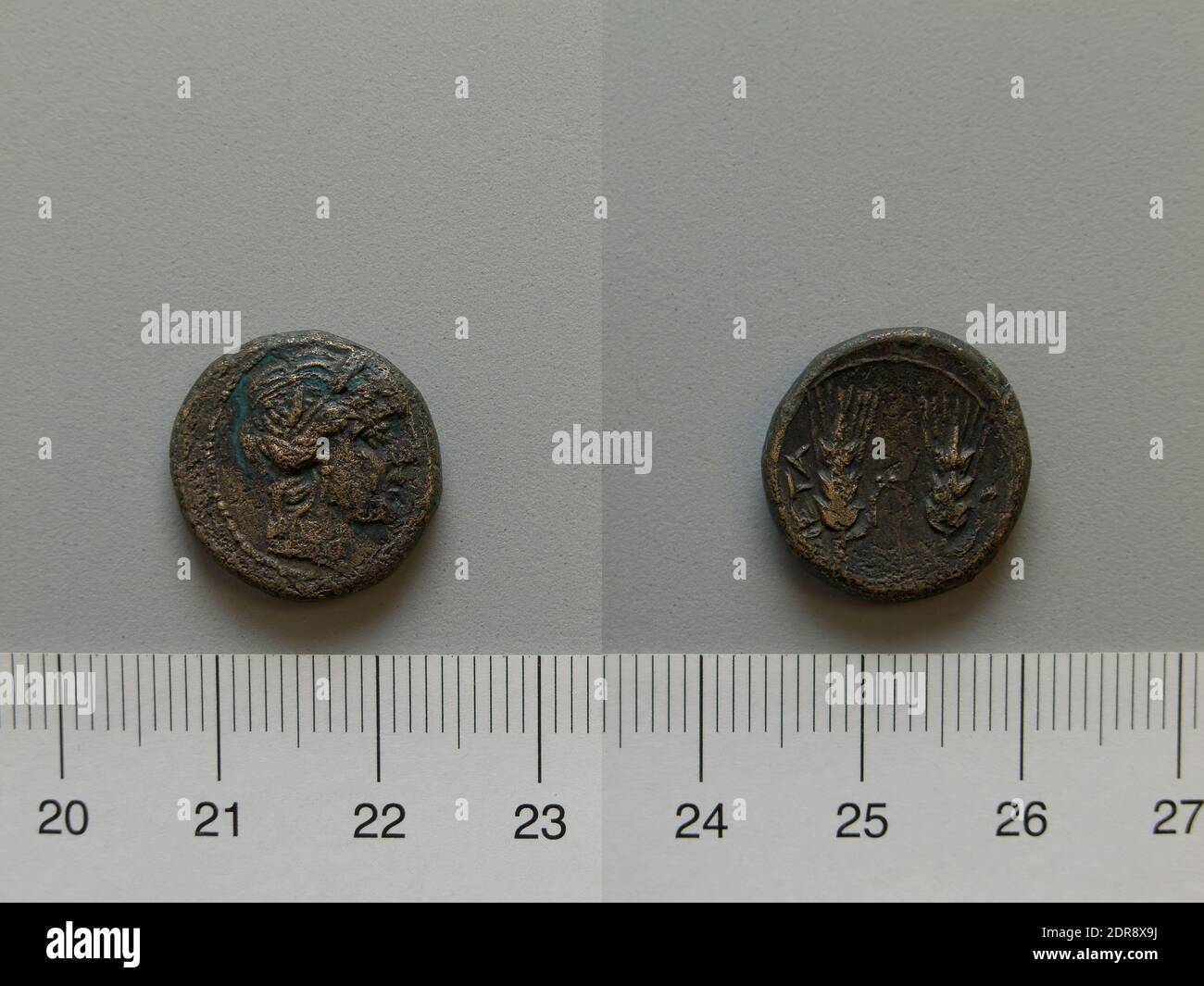Mint: Metapontum, Fraction from Metapontum, 250–200 B.C., Bronze, 4.88 g, 2:00, 17 mm, Made in Metapontum, Lucania, Greek, 3rd century B.C., Numismatics Stock Photo