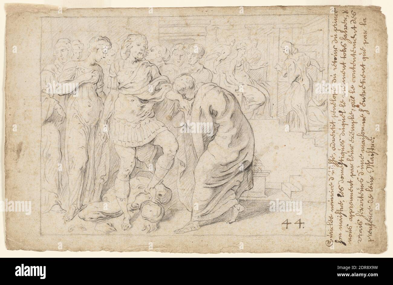 Artist: Theodore van Thulden, Flemish, 1606–1669, After: Francesco Primaticcio, Italian, 1504–1570, Ulysses receives the Homage of the Loyal Serving-Women, ca. 1632, Black chalk, Sheet: 17.8 × 30.5 cm (7 × 12in.); Framed: 39.37 × 52.07 cm (15 1/2 × 20 1/2in.), This is one of Theodoor van Thulden’s preparatory studies for his set of prints after Francesco Primaticcio’s frescoes in the Gallery of Ulysses at Fontainebleau, which was published in multiple editions by various publishers between 1633 and 1640. This drawing depicts three episodes from Ulysses’ return home Stock Photo