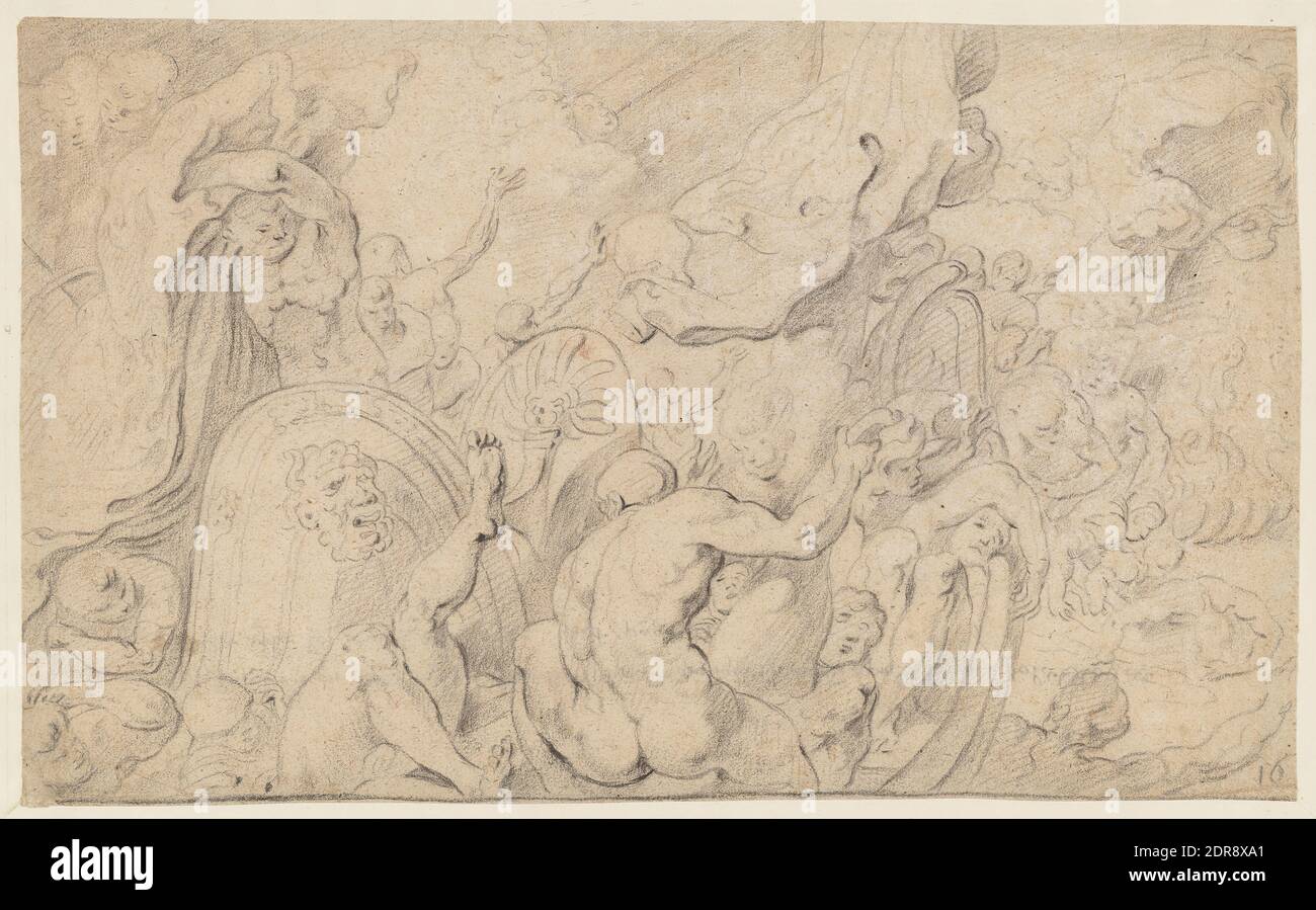 Artist: Theodore van Thulden, Flemish, 1606–1669, After: Francesco Primaticcio, Italian, 1504–1570, The Companions of Ulysses Opening the Bag of Winds, ca. 1632, Black chalk, Sheet: 21.5 × 33 cm (8 7/16 × 13in.); Framed: 39.37 × 52.07 cm (15 1/2 × 20 1/2in.), Theodoor van Thulden was trained in Antwerp, and his early Mannerist style was reinforced by his journey to the French royal palace at Fontainebleau, where he made drawings after the frescoes by the Italian Francesco Primaticcio, chief artist for King Francis I. Stock Photo