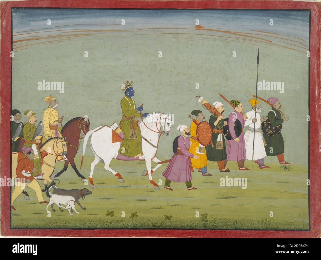 Illustration from a Bhagavata Purana Series, Book 10: Krishna Leads the Townspeople, ca. 1760–65, Opaque watercolor and gold on paper, without mounting: 10 15/16 × 14 5/8 in. (27.8 × 37.2 cm), India, Indian, India, Mughal dynasty (1526–1857), Paintings Stock Photo