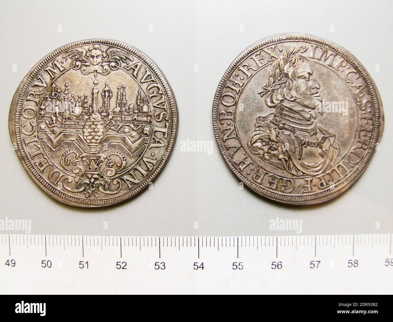 Ruler: Ferdinand III, Holy Roman Emperor, Austrian, 1608–1657, ruled 1637–57, Mint: Augsburg, Magistrate: Johann Bartholomaus Holeisen Jr., 1 Thaler of Ferdinand III, Holy Roman Emperor from Augsburg, Silver, 28.98 g, 12:00, 44.5 mm, Made in Augsburg, Germany, German, 17th century, Numismatics Stock Photo