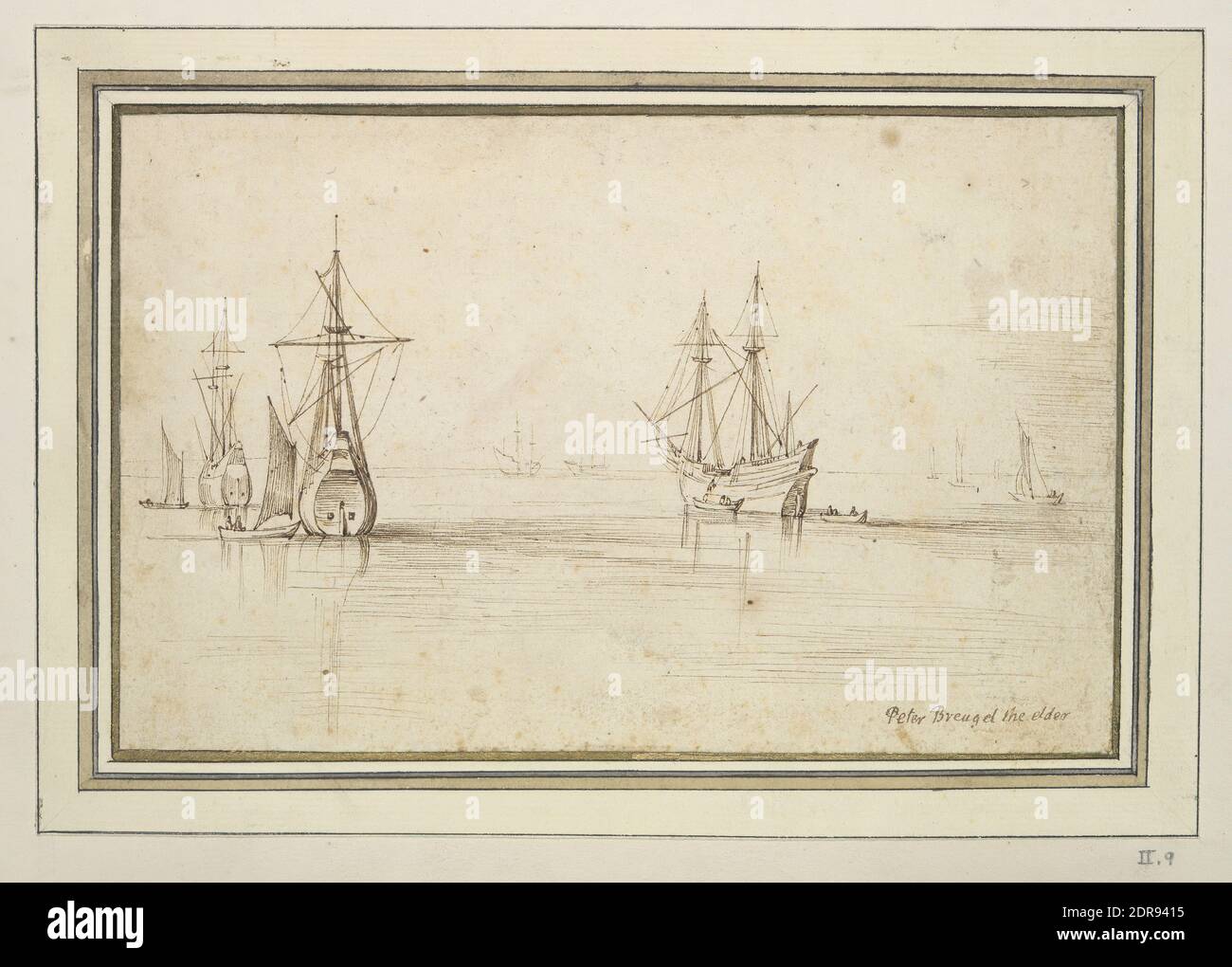 After: Jan Brueghel the Elder, Flemish, 1568–1625, Seagoing Vessels at Anchor in Calm Water, Pen and brown ink over preliminary drawing in black chalk or graphite, sheet: 11.8 × 18.5 cm (4 5/8 × 7 5/16 in.), Made in Flanders, Flemish, 17th century, Works on Paper - Drawings and Watercolors Stock Photo