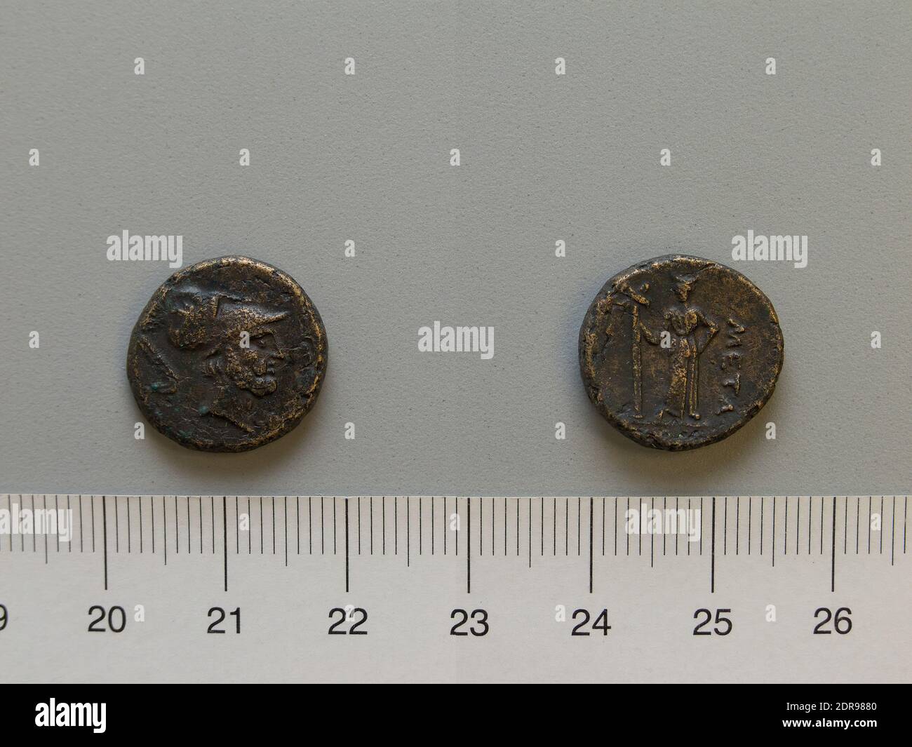 Mint: Metapontum, Fraction from Metapontum, 250–200 B.C., Bronze, 4.42 g, 1:00, 17 mm, Made in Metapontum, Lucania, Greek, 3rd century B.C., Numismatics Stock Photo
