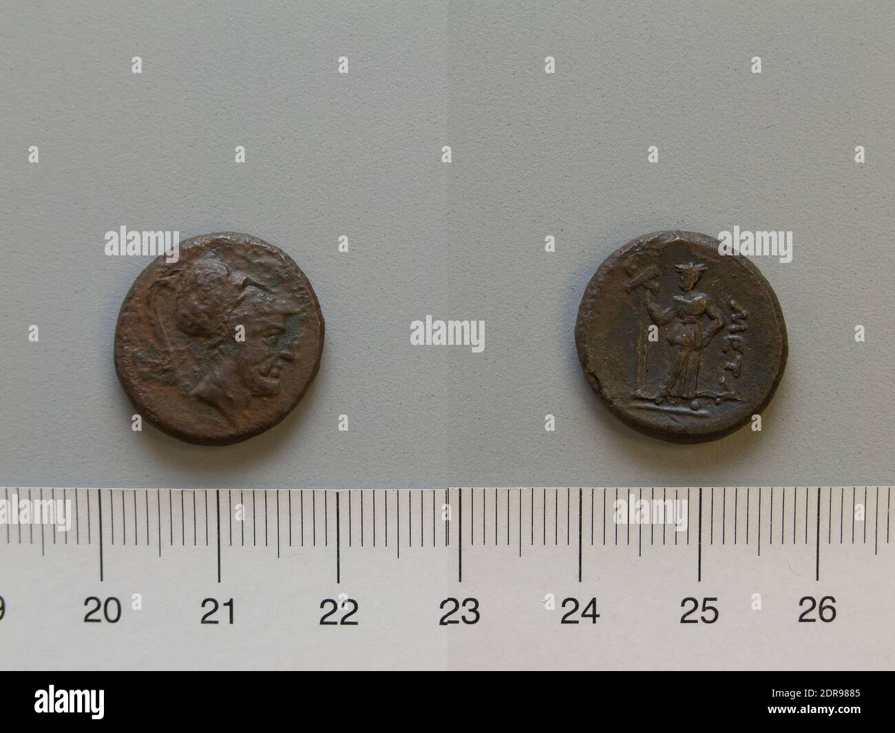 Mint: Metapontum, Fraction from Metapontum, 250–200 B.C., Bronze, 4.93 g, 12:00, 17 mm, Made in Metapontum, Lucania, Greek, 3rd century B.C., Numismatics Stock Photo