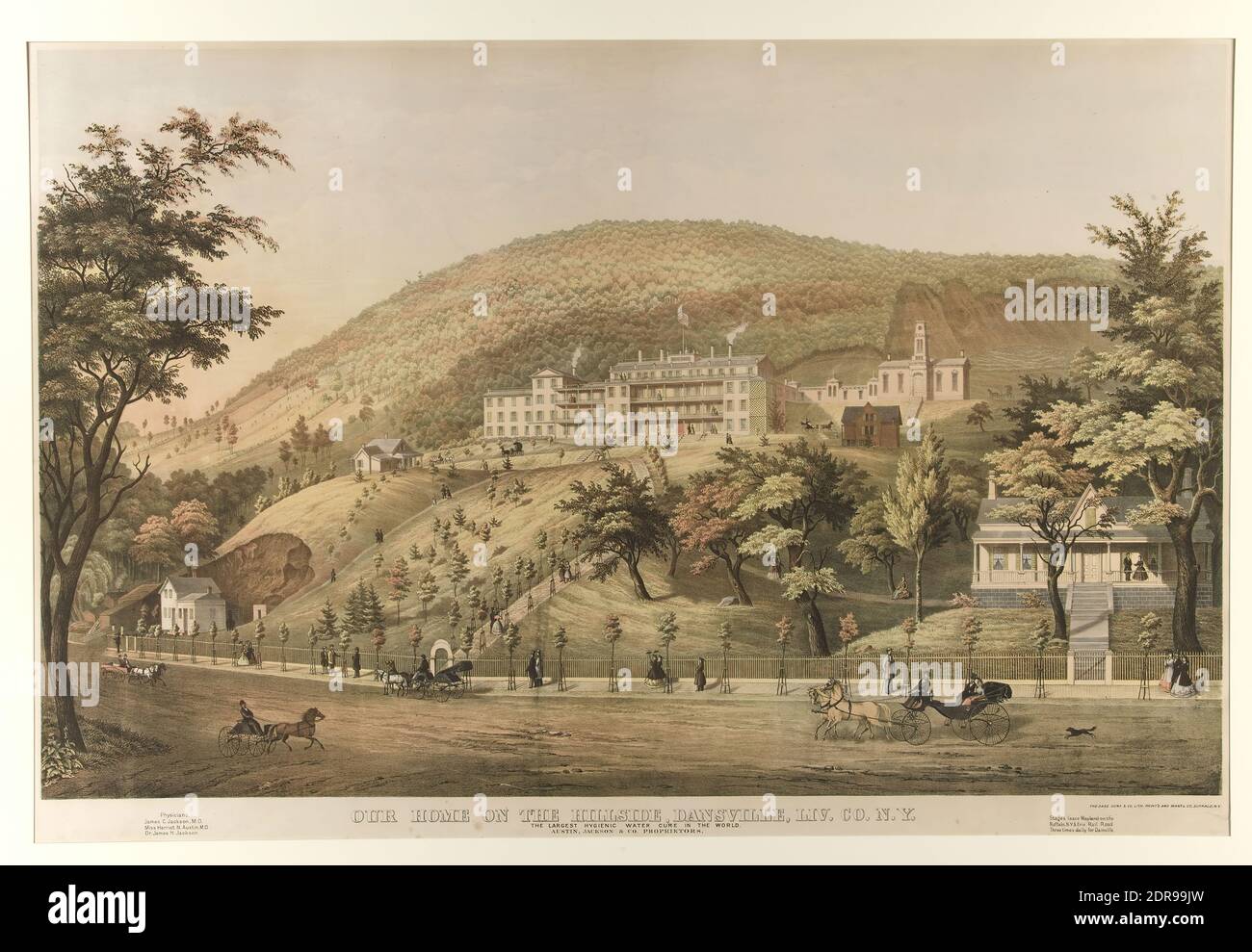 Lithographer: Unknown, Our Home on the Hillside, Dansville, Liv. Co. NY, The Largest Hygienic Water Cure in the World à, Color lithograph, sheet: 62 × 90.5 cm (24 7/16 × 35 5/8 in.), Made in United States, American, 19th century, Works on Paper - Prints Stock Photo