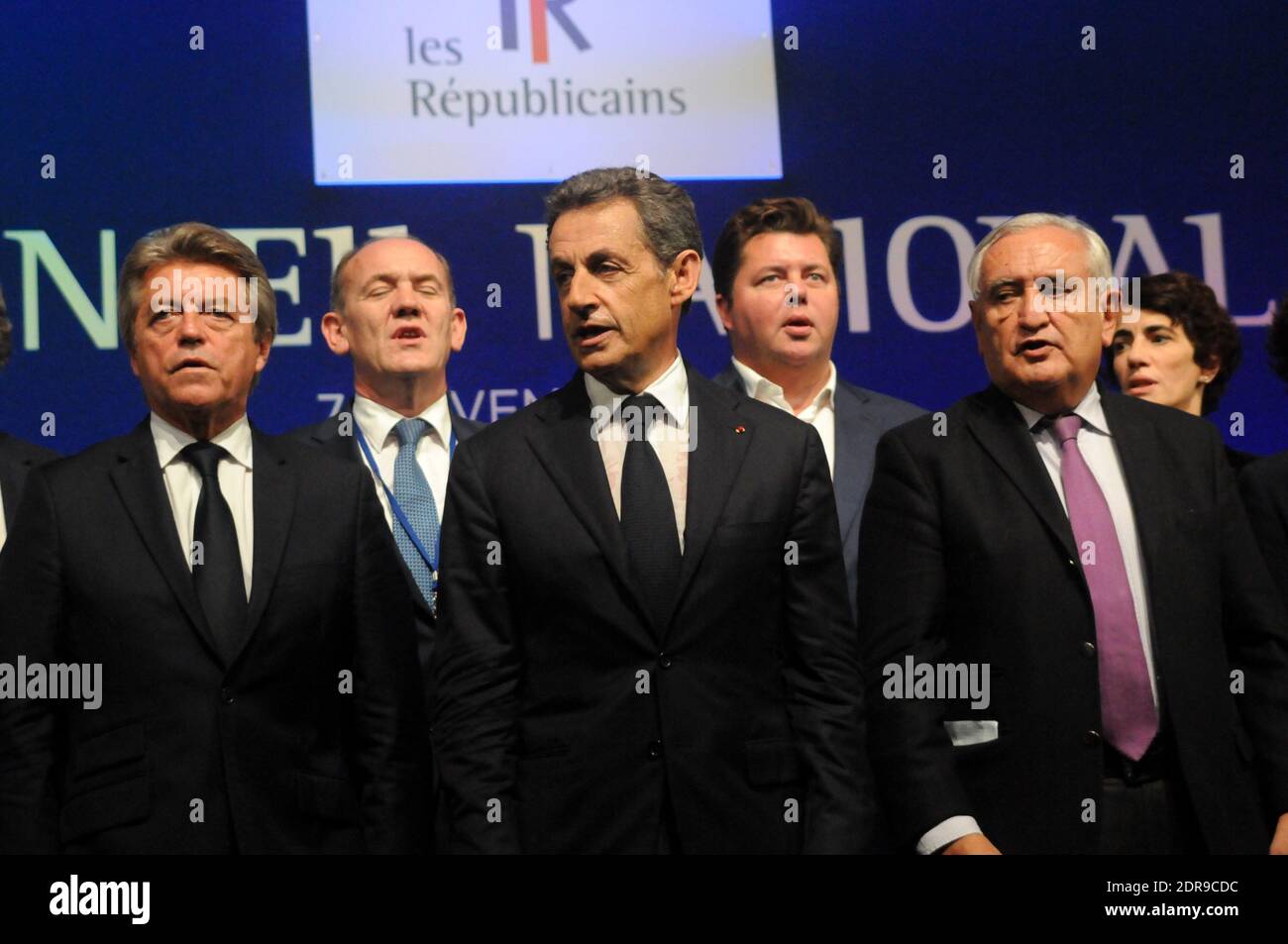 Laurent Wauquiez, President of the right-wing party Les Republicains Nicolas Sarkozy, President of LR's national council and former prime minister Jean-Pierre Raffarin during the national council of Les Republicans party in Paris, France, on November 7, 2015. Photo by Alain Apaydin/ABACAPRESS.COM Stock Photo
