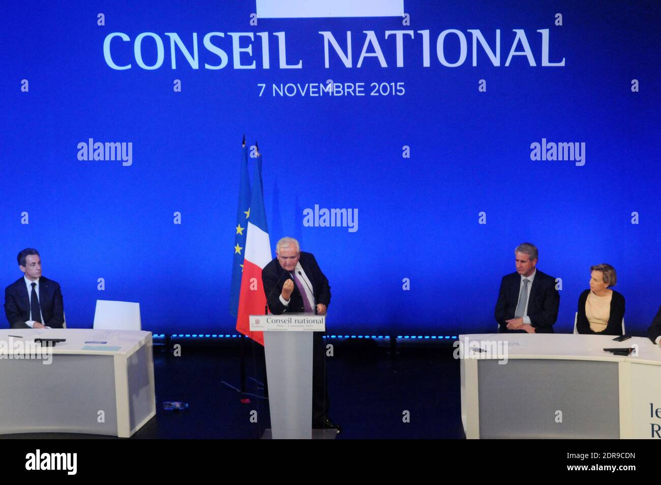 President of the right-wing party Les Republicains Nicolas Sarkozy, President of LR's national council and former prime minister Jean-Pierre Raffarin during the national council of Les Republicans party in Paris, France, on November 7, 2015. Photo by Alain Apaydin/ABACAPRESS.COM Stock Photo