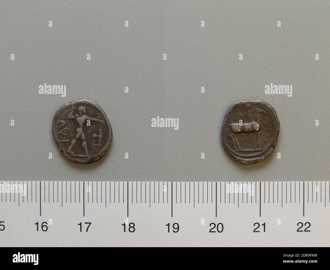 Mint: Caulonia, 1 Drachm from Caulonia, 420–410 B.C., Slilver, 2.13 g, 12:00, 14.71 mm, Made in Caulonia, Bruttium, Greek, 5th century B.C., Numismatics, Numismatics Stock Photo