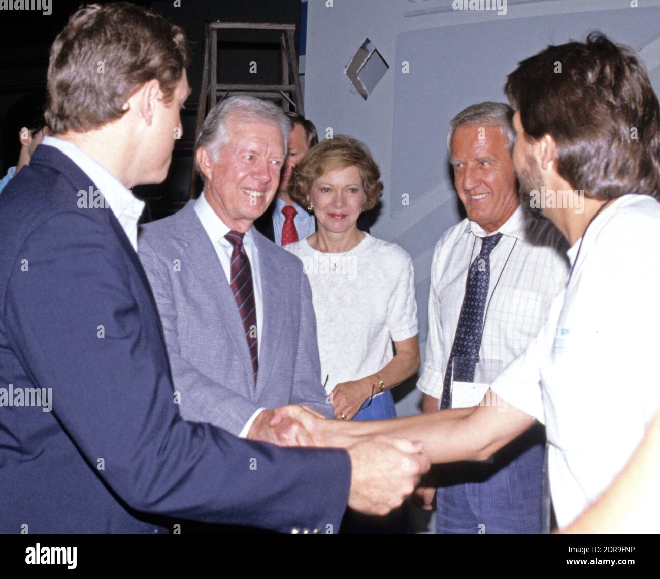 Former United States President Jimmy Carter, accompanied by his wife, former first lady Rosalynn Carter, visits the Omni Coliseum in Atlanta, Georgia prior to his addressing the 1988 Democratic National Convention on July 18, 1988. Photo by Arnie Sachs/CNP/ABACAPRESS.COM Stock Photo