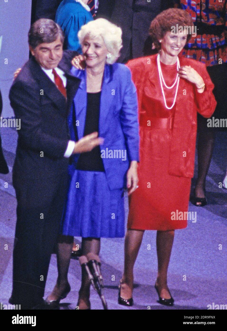 Oscar Award-winning actress Olympia Dukakis, appears with her cousin, Governor Michael Dukakis (Democrat of Massachusetts), the 1988 Democratic Party nominee for President of the United States, at the 1988 Democratic National Convention in the Omni Coliseum in Atlanta, Georgia on July 21, 1988. Kitty Dukakis is a right in the red dress. Photo by Arnie Sachs/CNP/ABACAPRESS.COM Stock Photo