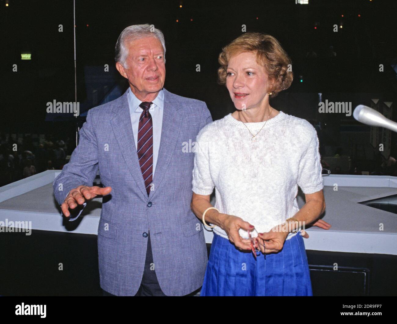 Former United States President Jimmy Carter, accompanied by his wife, former first lady Rosalynn Carter, visits the Omni Coliseum in Atlanta, Georgia prior to his addressing the 1988 Democratic National Convention on July 18, 1988. Photo by Arnie Sachs/CNP/ABACAPRESS.COM Stock Photo